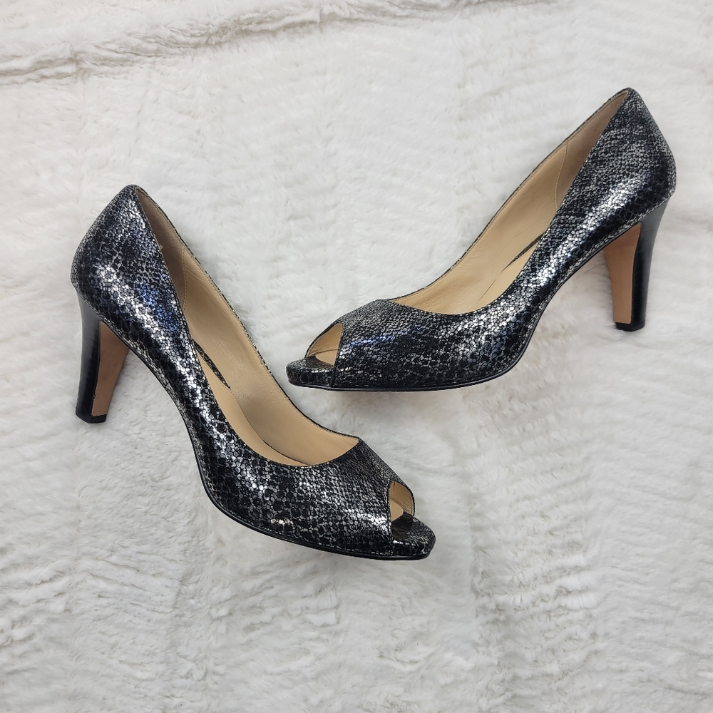 Cole Haan Metallic Python Print Peep Toe Heels - image 2